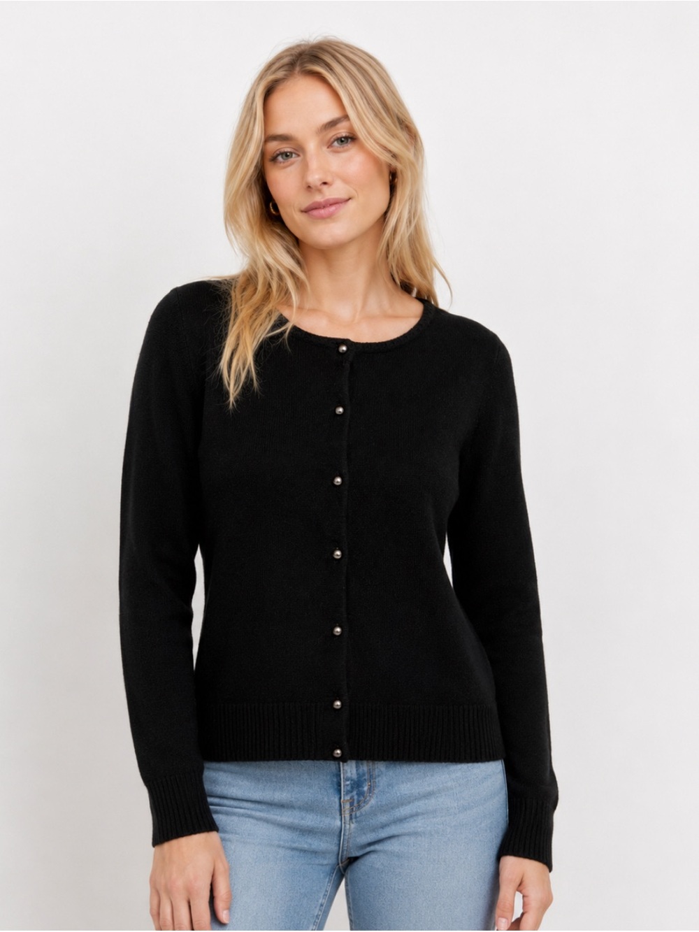 Talbots Silk Cashmere Black Crewneck Button Front Cardigan XL Academia Luxe